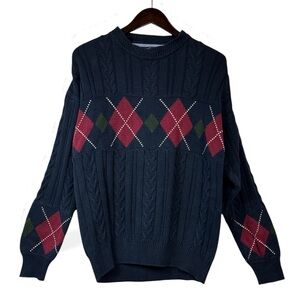 Vintage 80s Woods & Gray 100% Cotton Argyle Diamond Braided Sweater Size Large